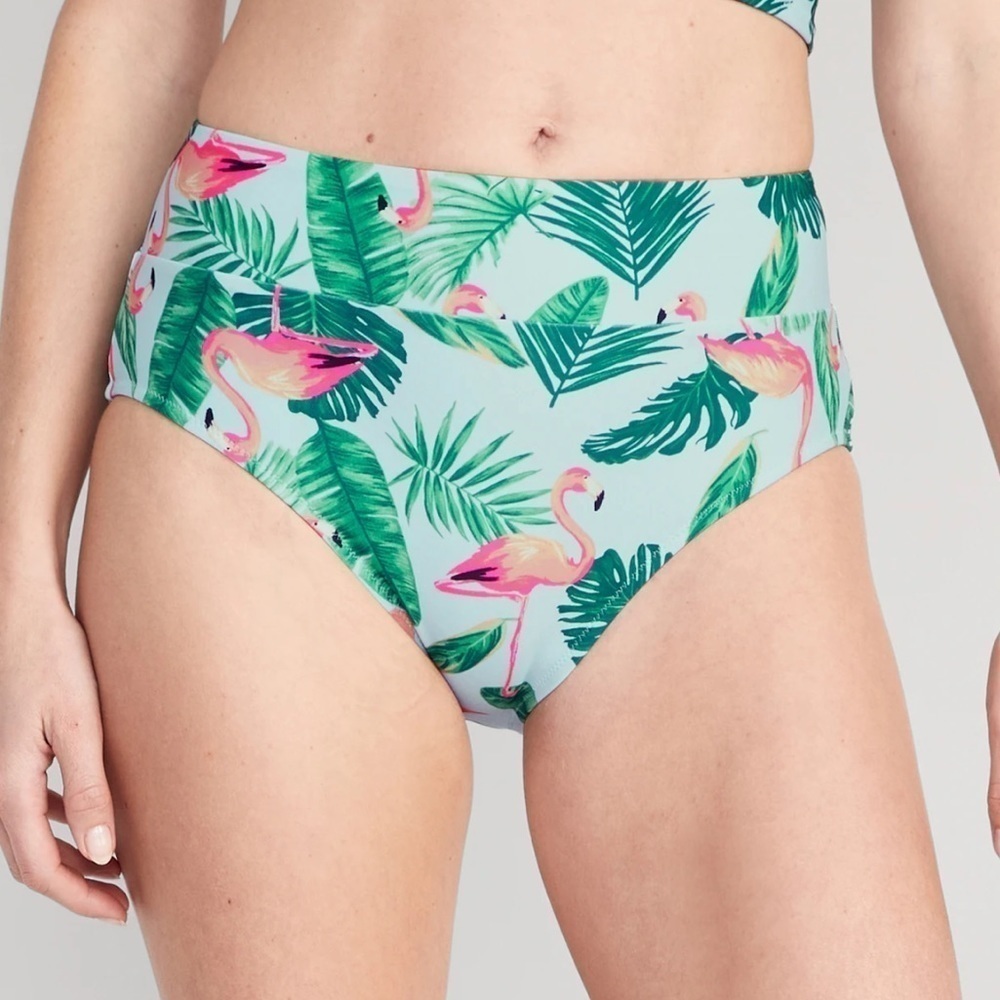NWT! True Blue Flamingo High-Waisted Printed Banded Bikini Swim Bottoms 🌻